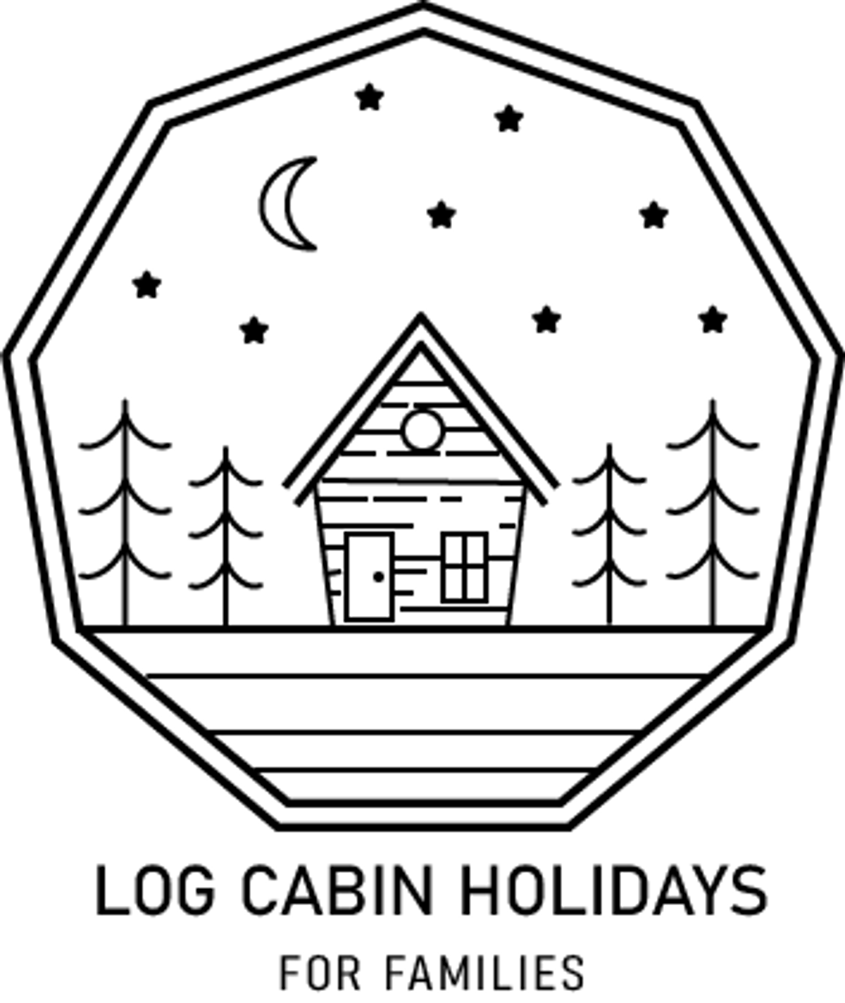 A logo which shows a cabin in the woods at night time