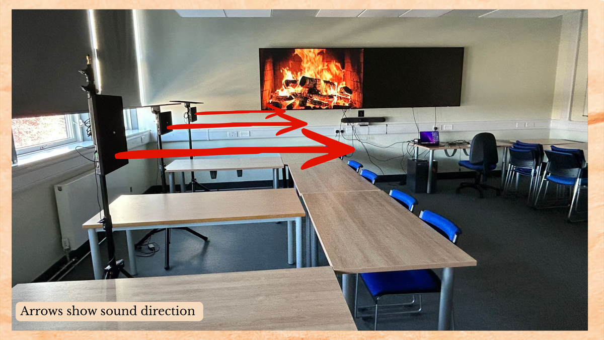 Directional speakers from the side with arrows showing them heading towards the chairs