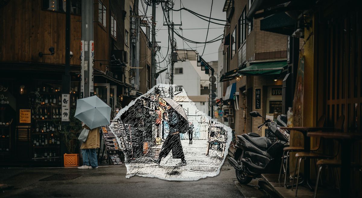 A rainy street scene with a torn paper overlay revealing a black-and-white sketch of a person walking through the city.