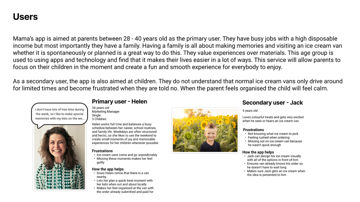 User personas with images of a young mother as the primary user and a son as a secondary user
