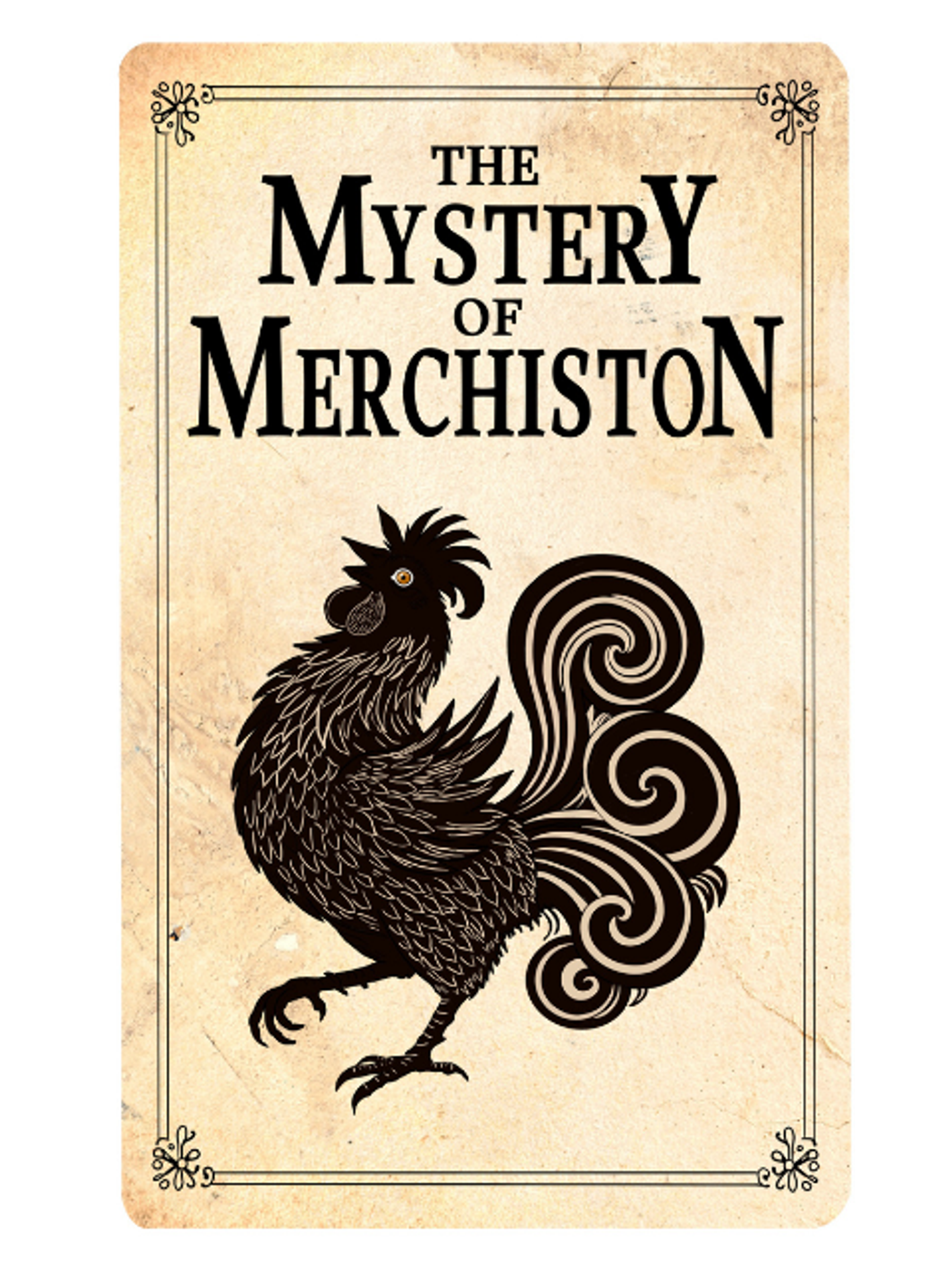 Artwork of black rooster for the Mystery of Merchiston immersive installation.