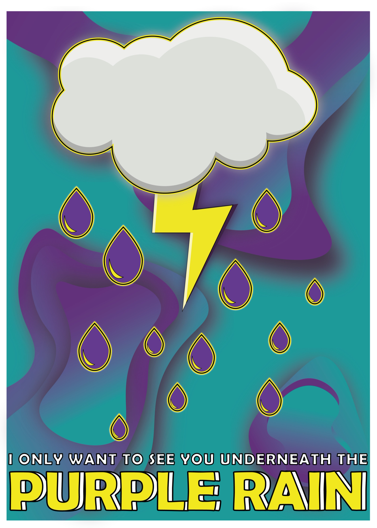A stormy cloud with raindrops and a purple and blue background