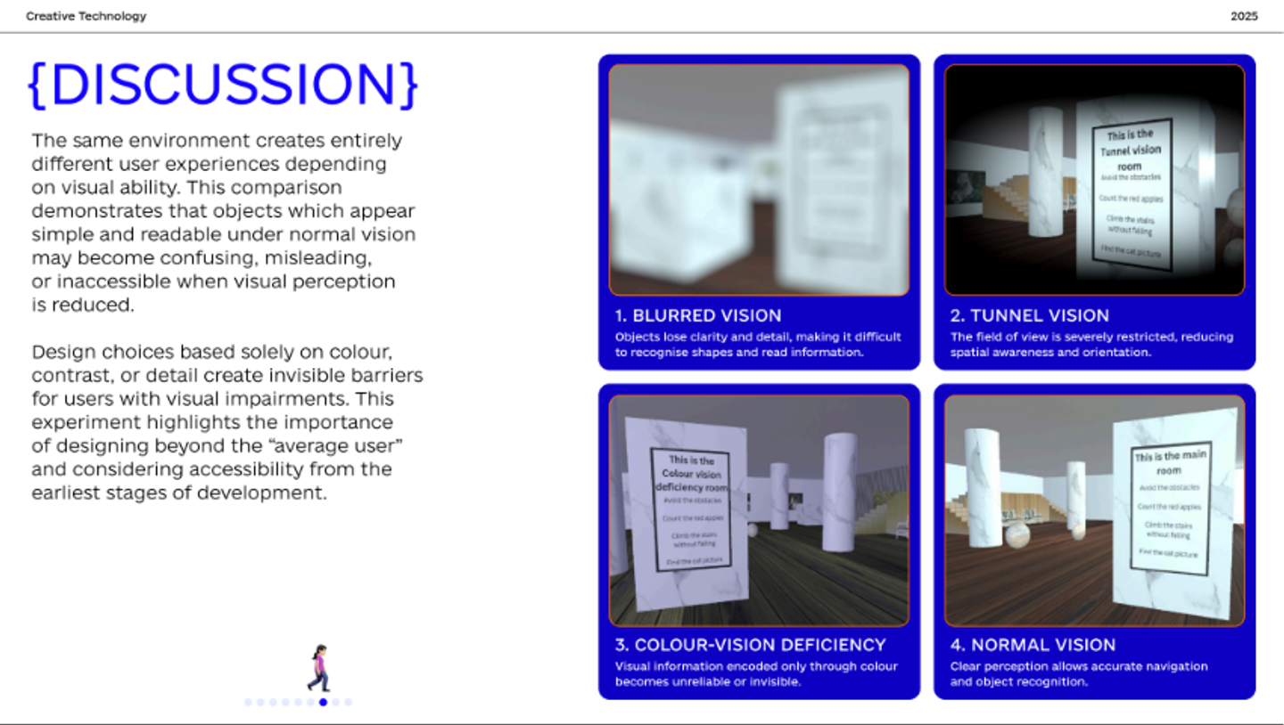 A comparison of the four visual conditions simulated in the experience, shown side by side.
