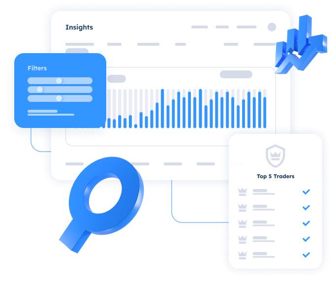 Platform insights panel with real-time charts, performance data, and top-performing traders overview