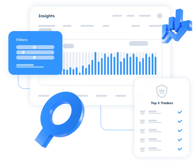 Platform insights panel with real-time charts, performance data, and top-performing traders overview
