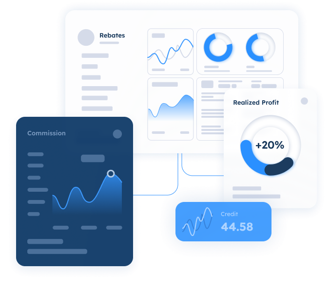 Platform managing IB and affiliate networks with commission tracking, rebates, and financial performance insights