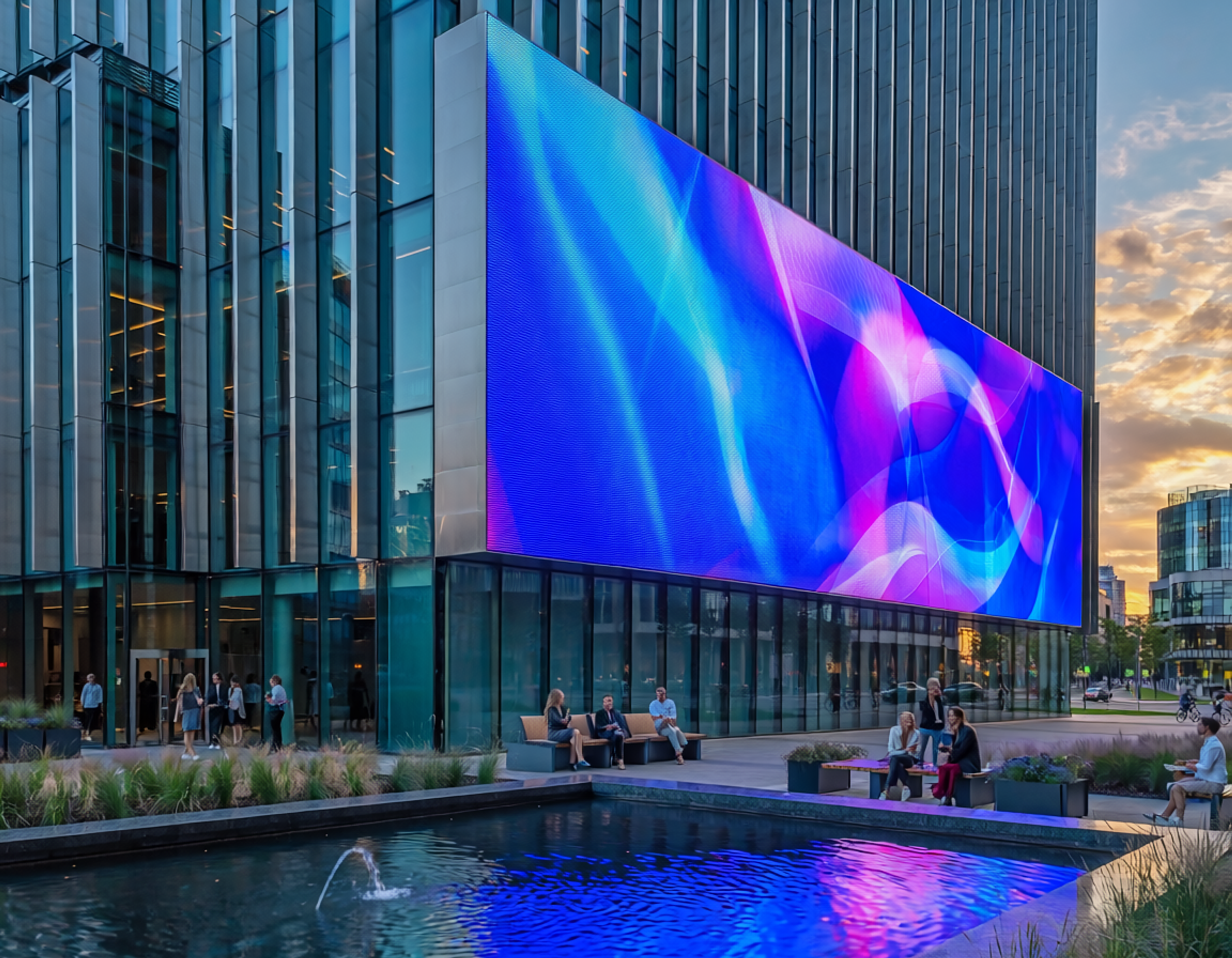 Glass commercial building at dusk with a large LED display wrapping its facade