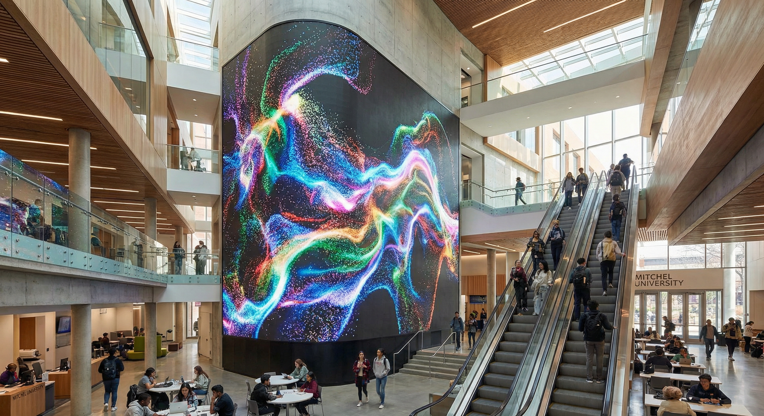 Silhouetted figure in front of a glowing neural-fractal immersive LED installation