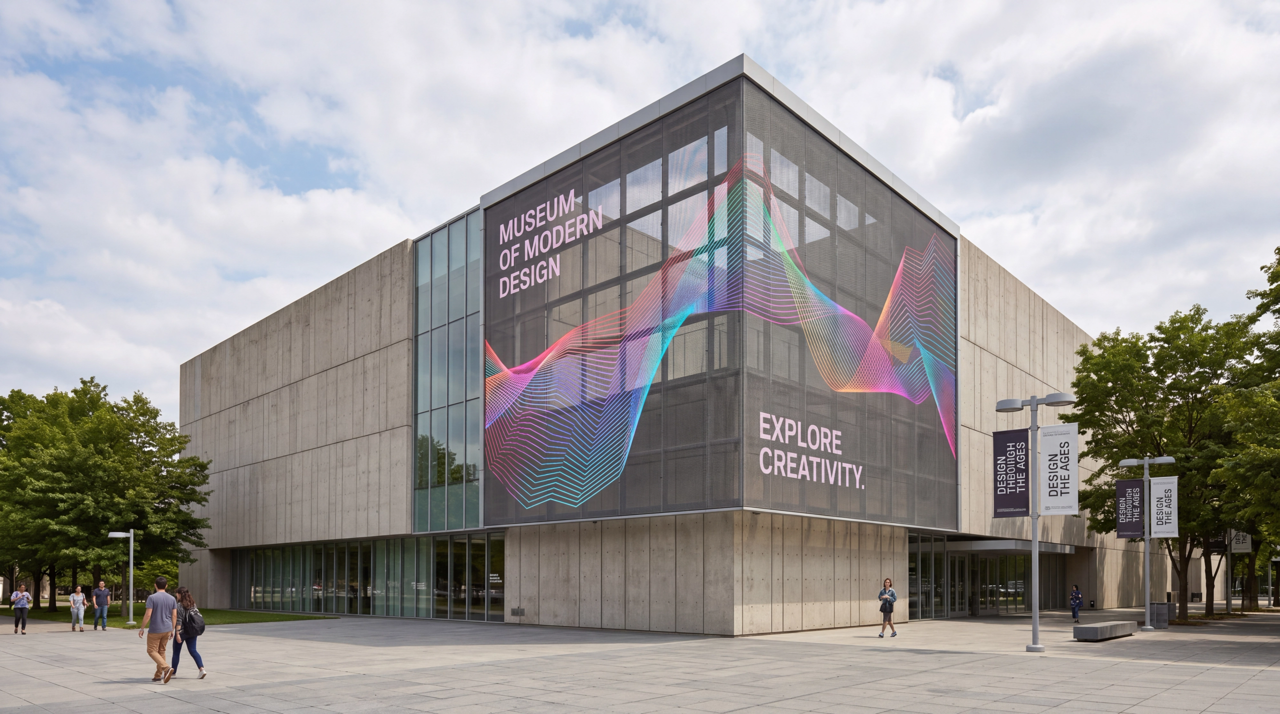 Glass office building at dusk with a large architectural LED wall showing flowing color waves