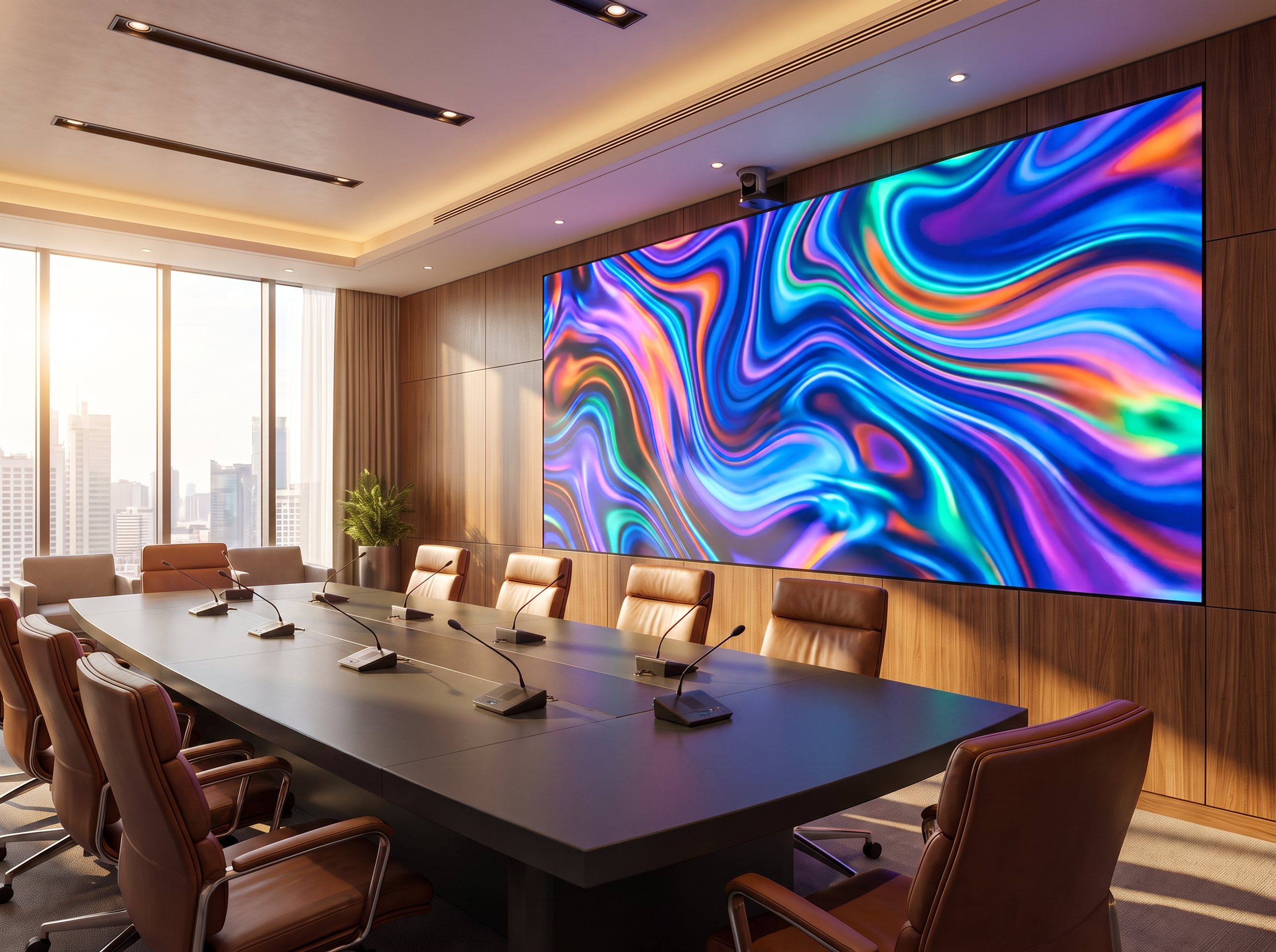 Lobby LED wall showing a rocket launch behind a passing silhouette
