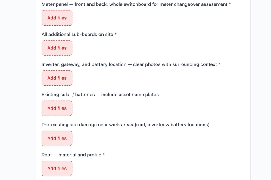 Photo upload form — per-question capture on mobile