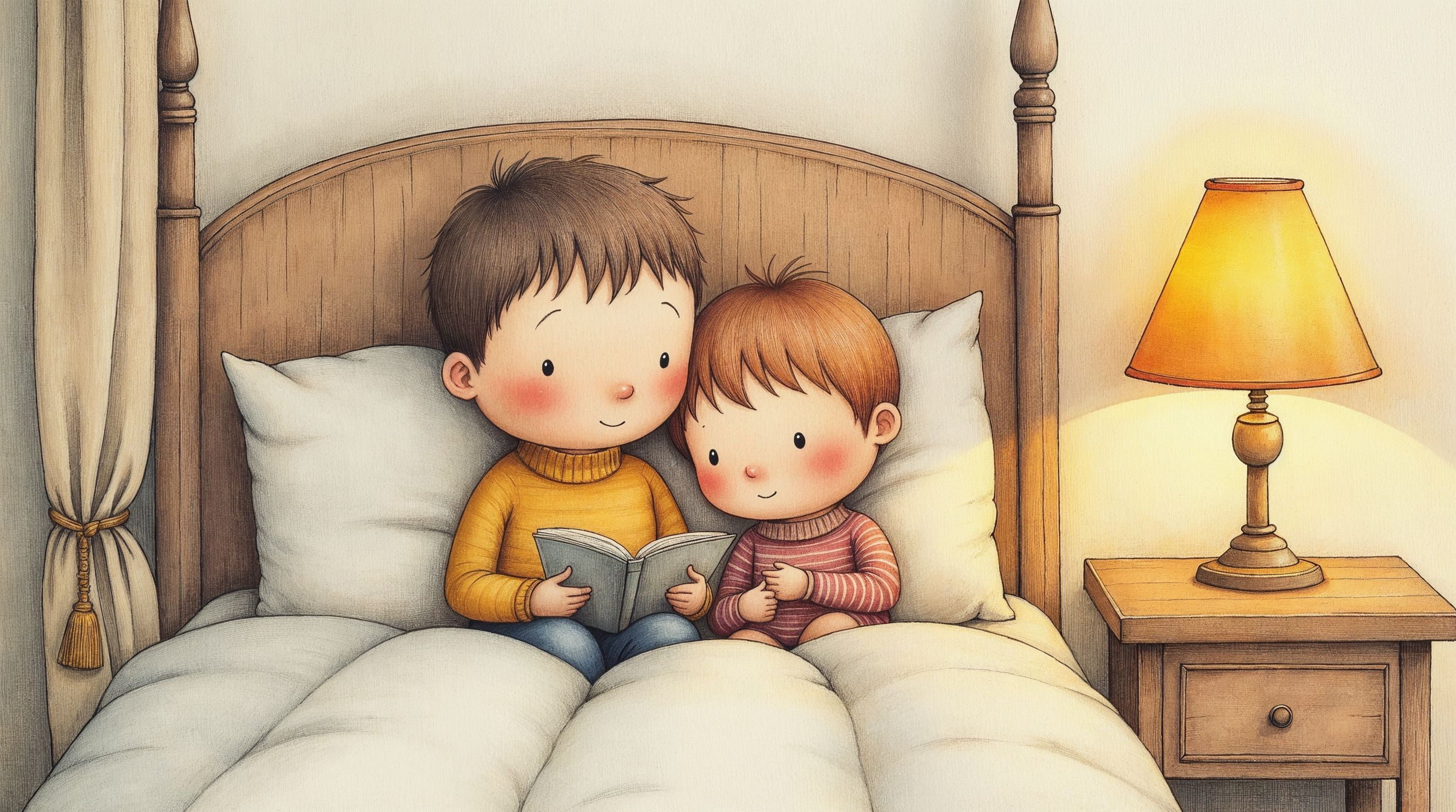 Padre e hijo manteniendo el ritual de lectura nocturna durante un viaje, ilustración acuarela