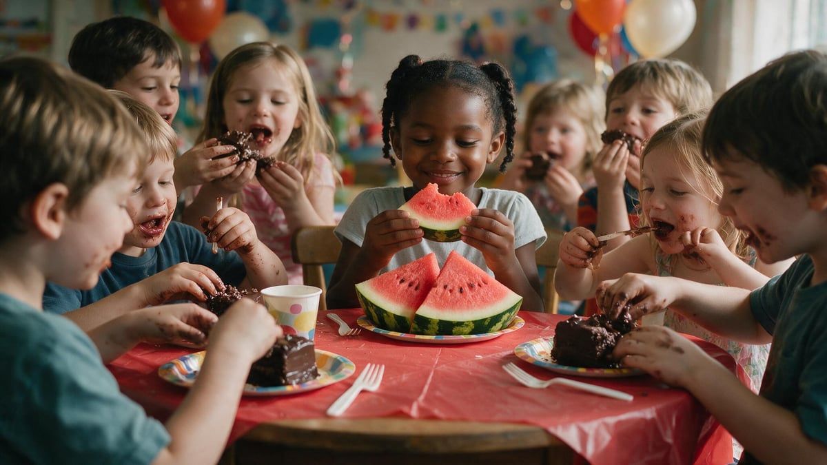 Petite fille souriante à une fête d'anniversaire qui savoure une pastèque pendant que les autres enfants mangent le même gâteau au chocolat, heureuse de son choix différent