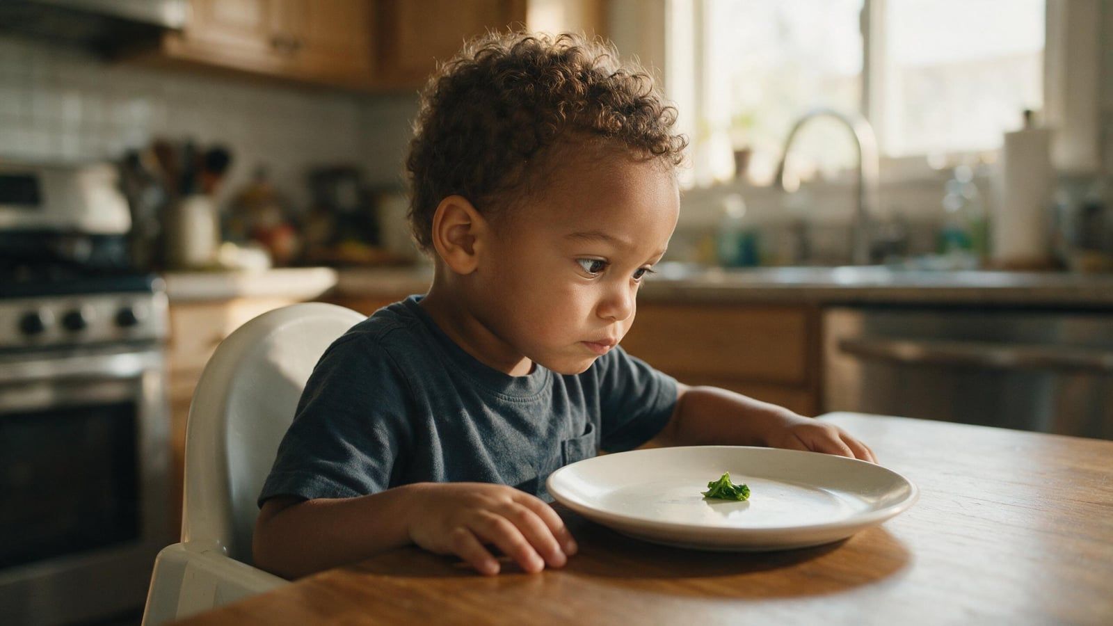 Niño de unos tres años sentado a la mesa mirando de reojo un trozo de verdura en su plato sin tocarlo