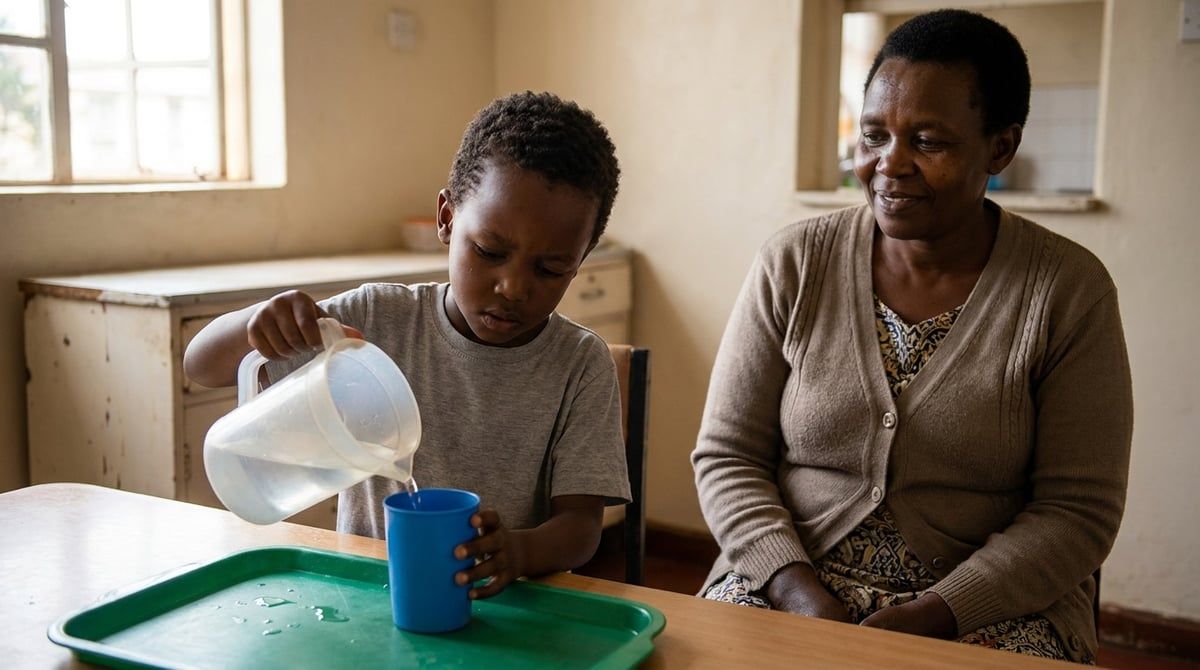 Niño de unos seis años sirviendo agua de una jarra pequeña en un vaso de plástico sobre una bandeja, mientras una mujer sentada a su lado lo observa con paciencia, fotografía natural
