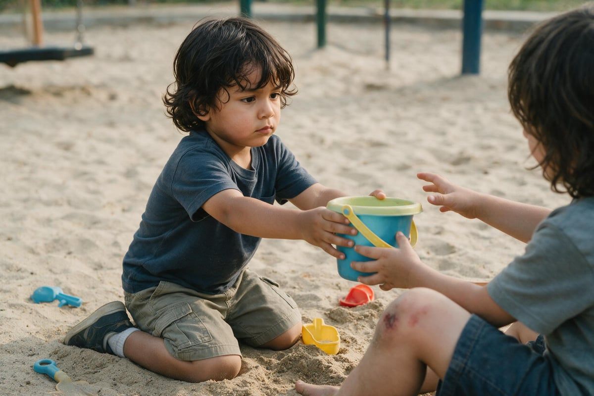 Niño de unos tres años arrodillado en la arena acercándole un cubo de juguete a otro niño sentado frente a él