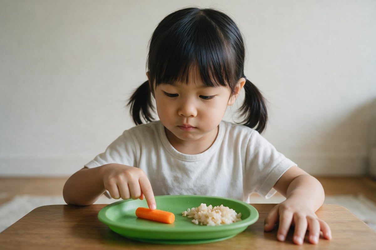 Niña de unos cuatro años tocando con el dedo una tira de zanahoria cocida en su plato, junto a una ración de arroz