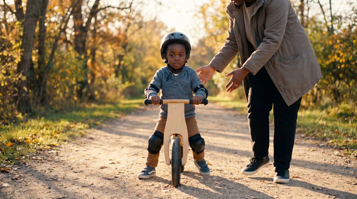 Young child about to push off for the first time on a balance bike while an adult gives them space a step behind, without holding on