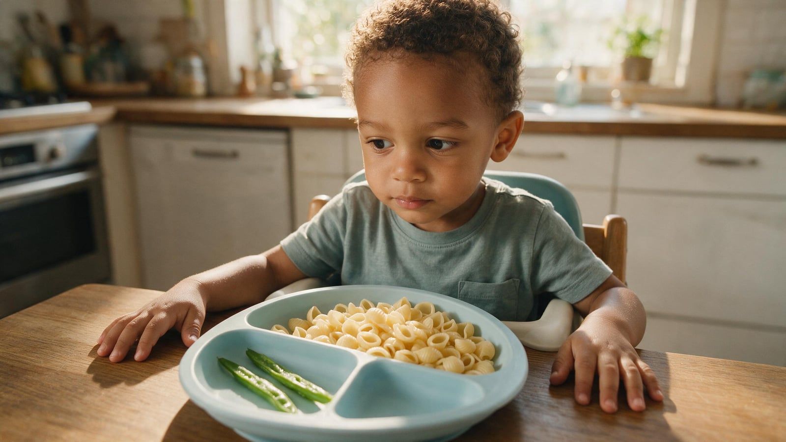 Niño de unos tres años sentado a la mesa mirando unas tiras de judía verde en su plato infantil, junto a una ración de pasta que sí come