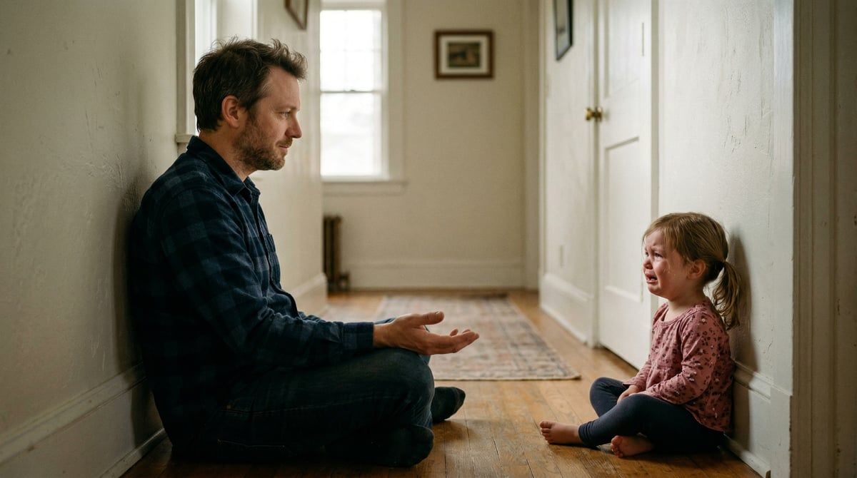 Padre ofreciendo contacto sin forzar a su hija durante una rabieta