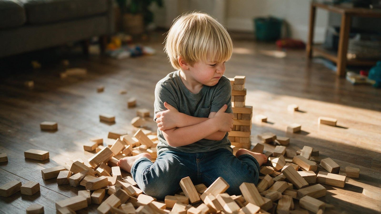 Niño de unos cuatro años sentado en el suelo entre bloques de madera caídos, con los brazos cruzados y la cara girada