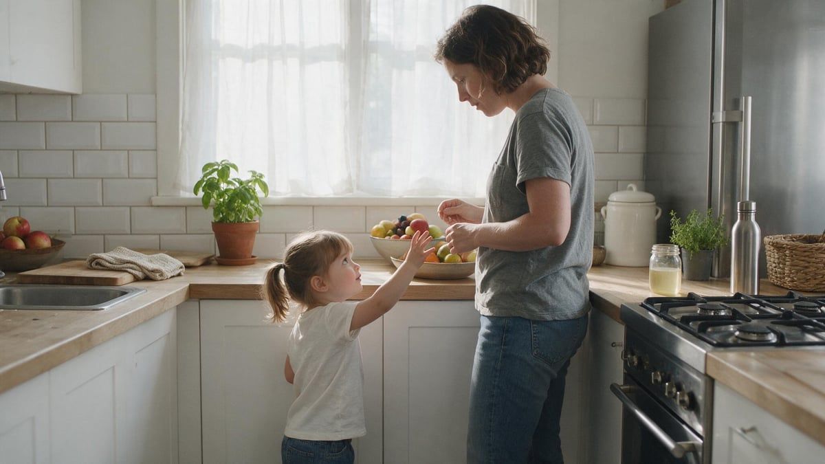 Niña de unos tres años estirando la mano hacia un cuenco de fruta mientras un adulto se detiene y espera a que ella pida
