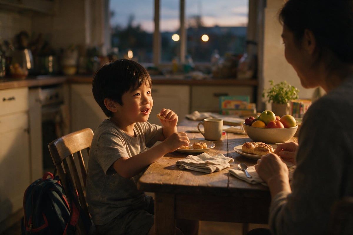 Niño de unos cinco años merendando en la mesa de la cocina mientras le cuenta algo a un adulto, con la mochila del colegio en el suelo, fotografía natural