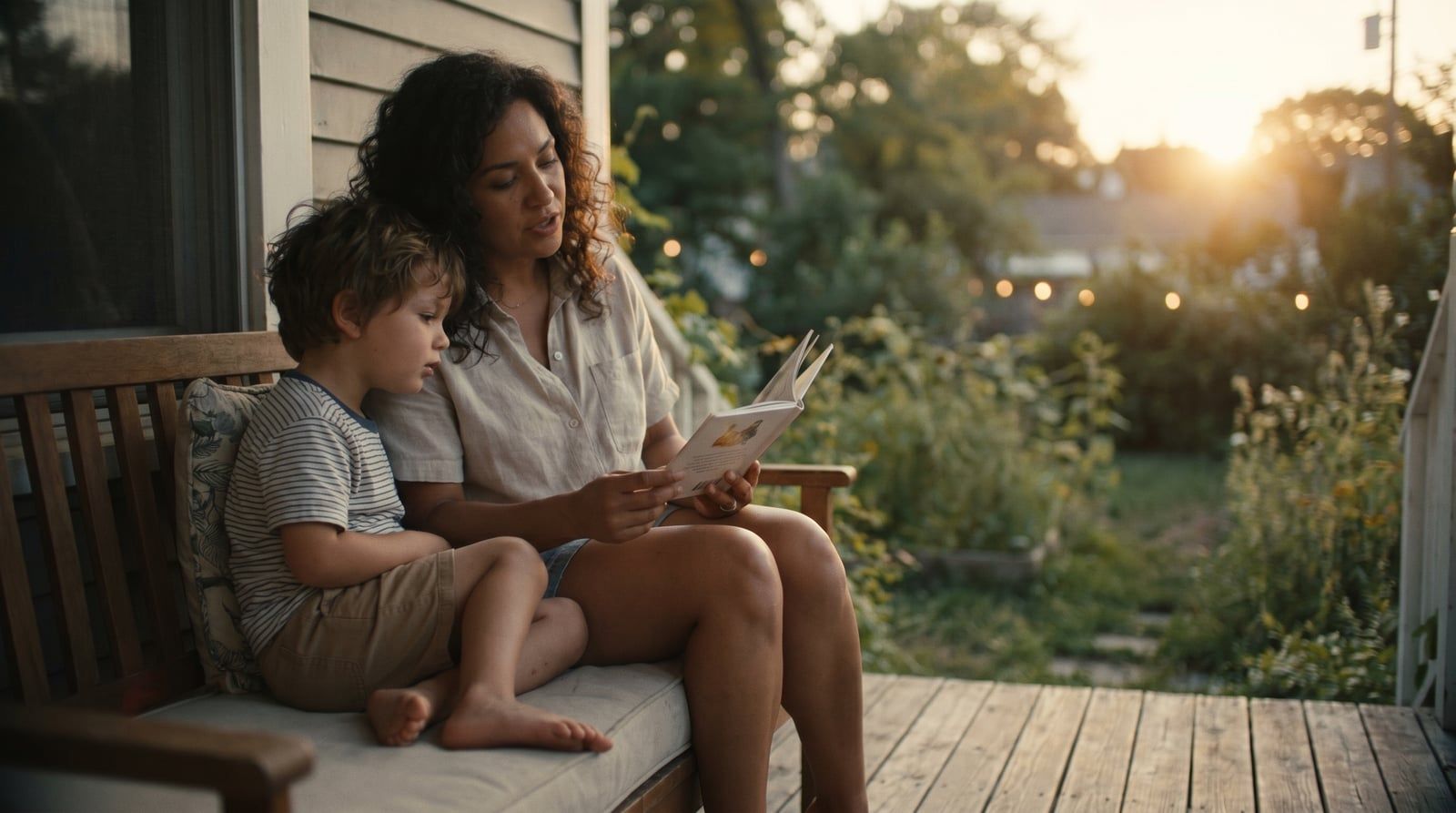 Madre y niño compartiendo un momento de calma al atardecer en verano antes de dormir, fotografía natural