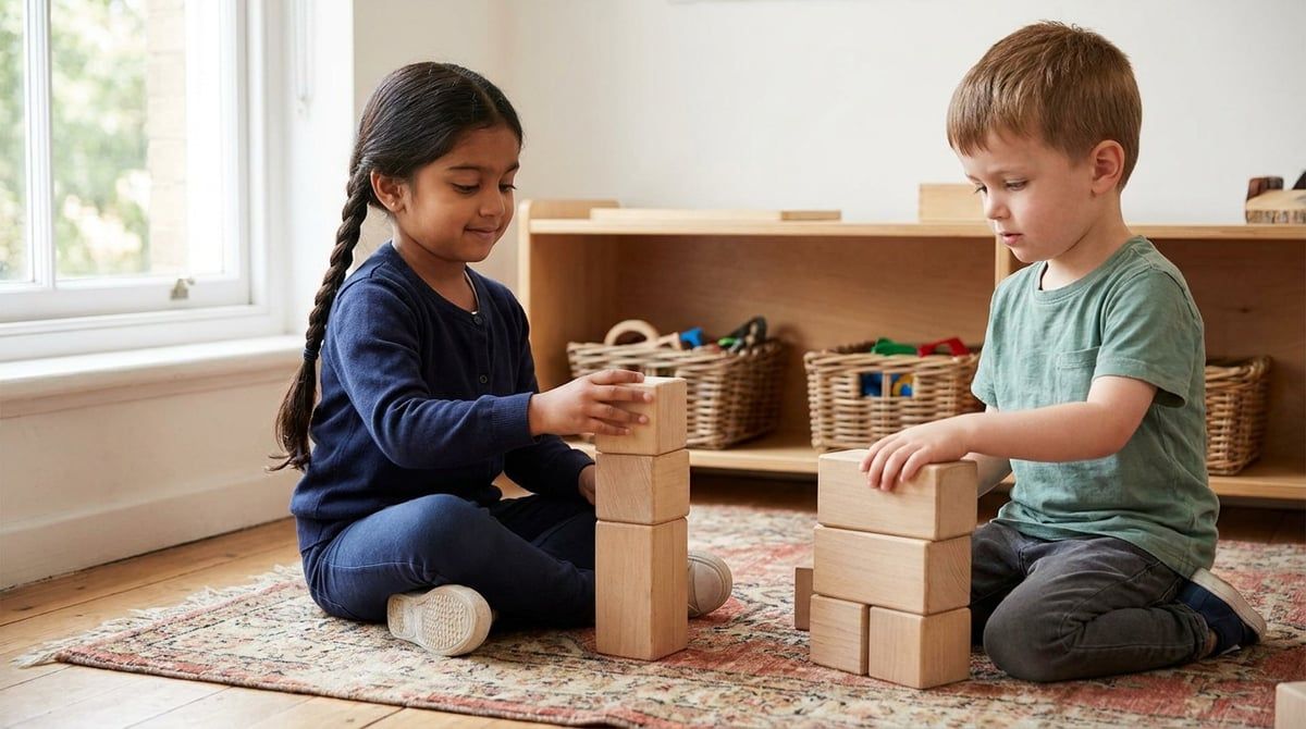 Une petite fille et un petit garçon d'environ cinq ans assis sur un tapis, chacun avec sa propre tour de cubes en bois, jouant côte à côte, photographie naturelle
