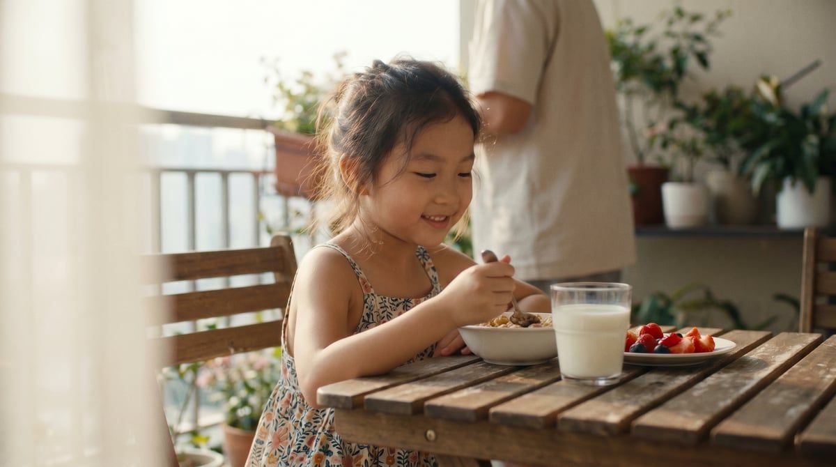 Une fillette prend un petit-déjeuner tranquille un matin d'été, le point d'ancrage matinal qui donne sa forme à la journée de vacances