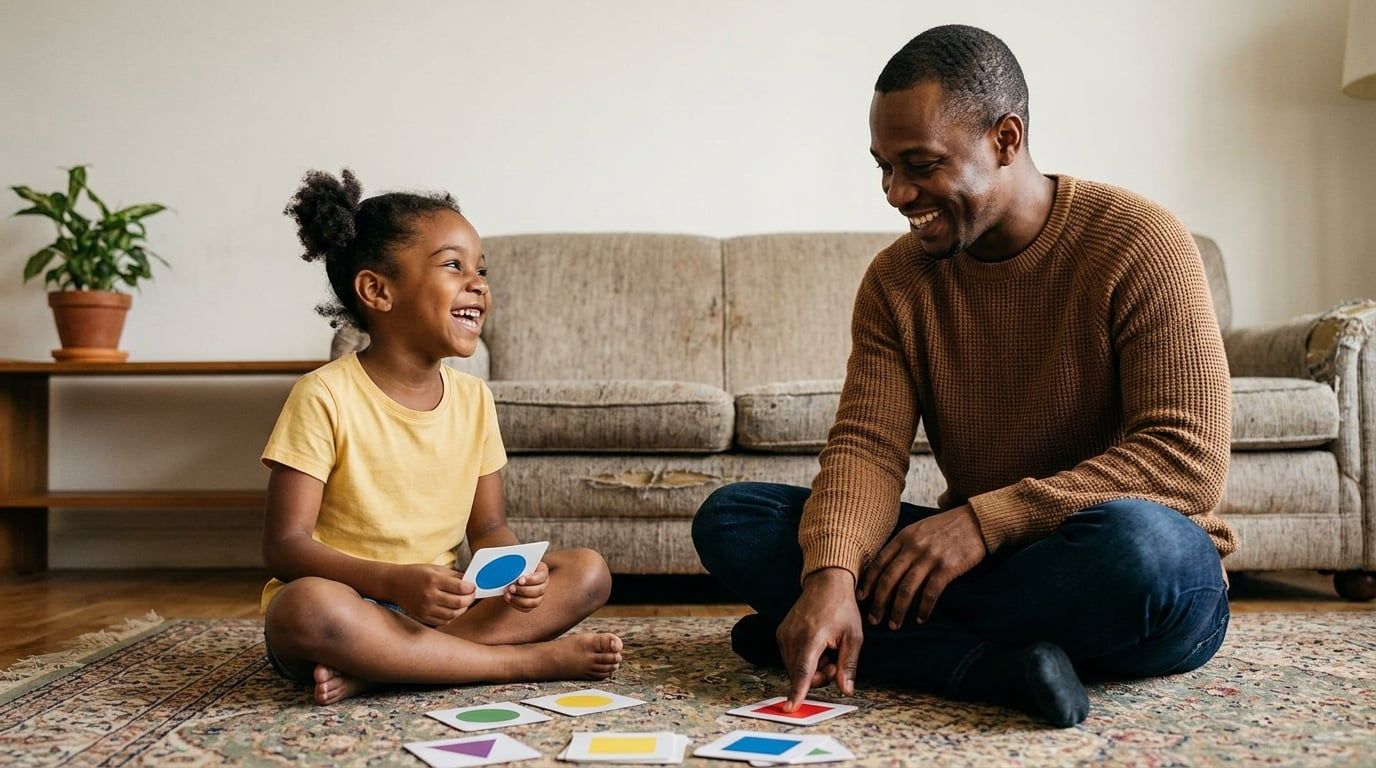 Niña de unos seis años jugando a emparejar cartas con su padre sobre una alfombra, los dos riéndose, fotografía natural