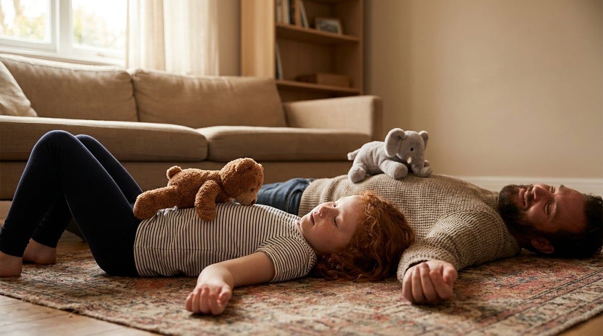 Niña de unos cuatro años tumbada en una alfombra con un peluche sobre la tripa, junto a un hombre tumbado a su lado que hace lo mismo, fotografía natural