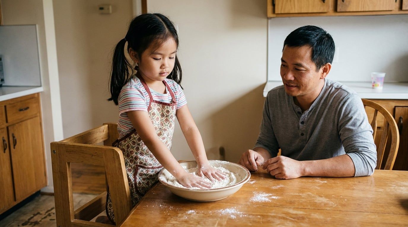 Niña de unos cinco años con las manos en un cuenco de harina sobre la mesa de la cocina, mientras un hombre sentado a su lado la observa con interés, fotografía natural