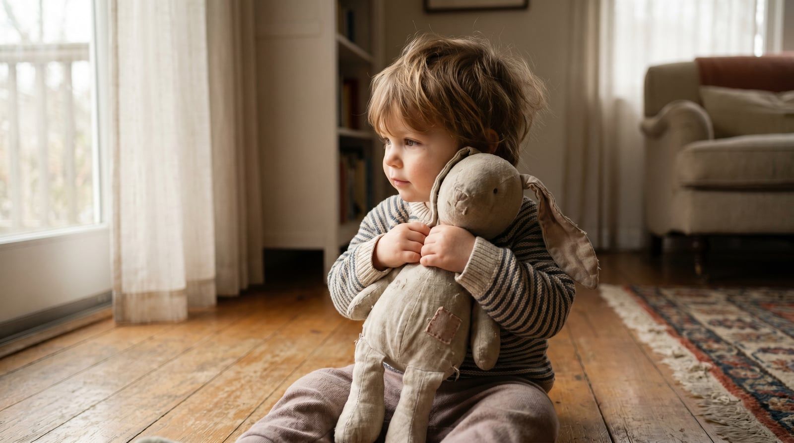 Niño pequeño abrazando un peluche desgastado en casa, objeto de transición y apego seguro