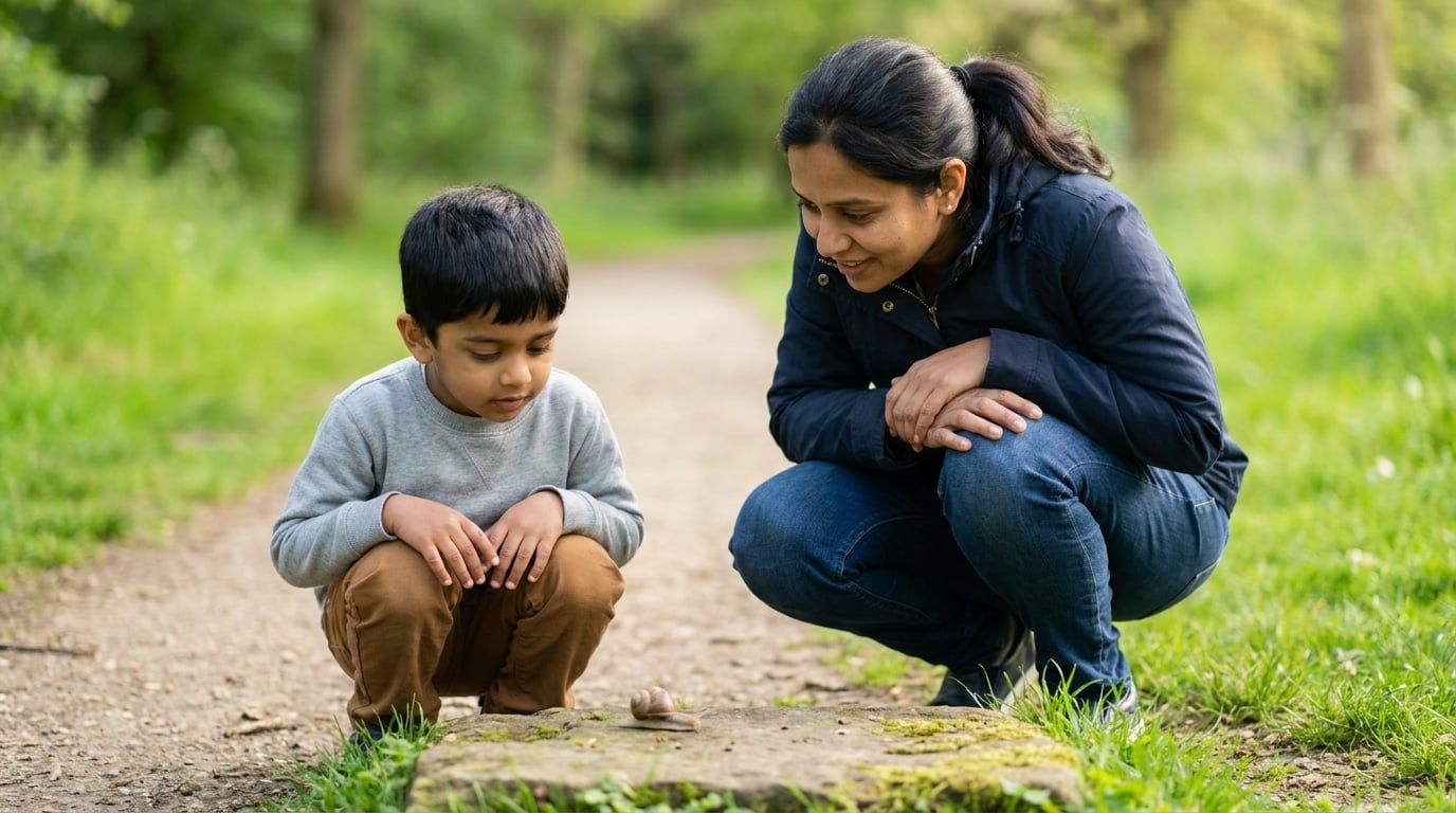 Niño de unos cinco años agachado en un camino del parque mirando un caracol sobre una piedra, junto a una mujer que también lo observa, fotografía natural