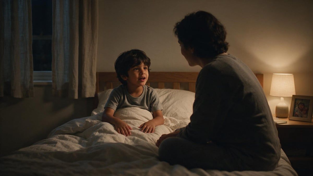 A child of about five sitting on the bed, talking to an adult sitting on the edge of it, in the warm light of a lamp