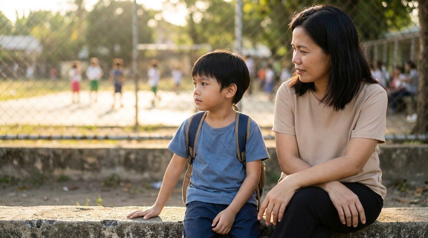 Niño de unos seis años sentado en un muro junto a una mujer que le acompaña, mirando con calma hacia el patio del colegio donde juegan otros niños, fotografía natural