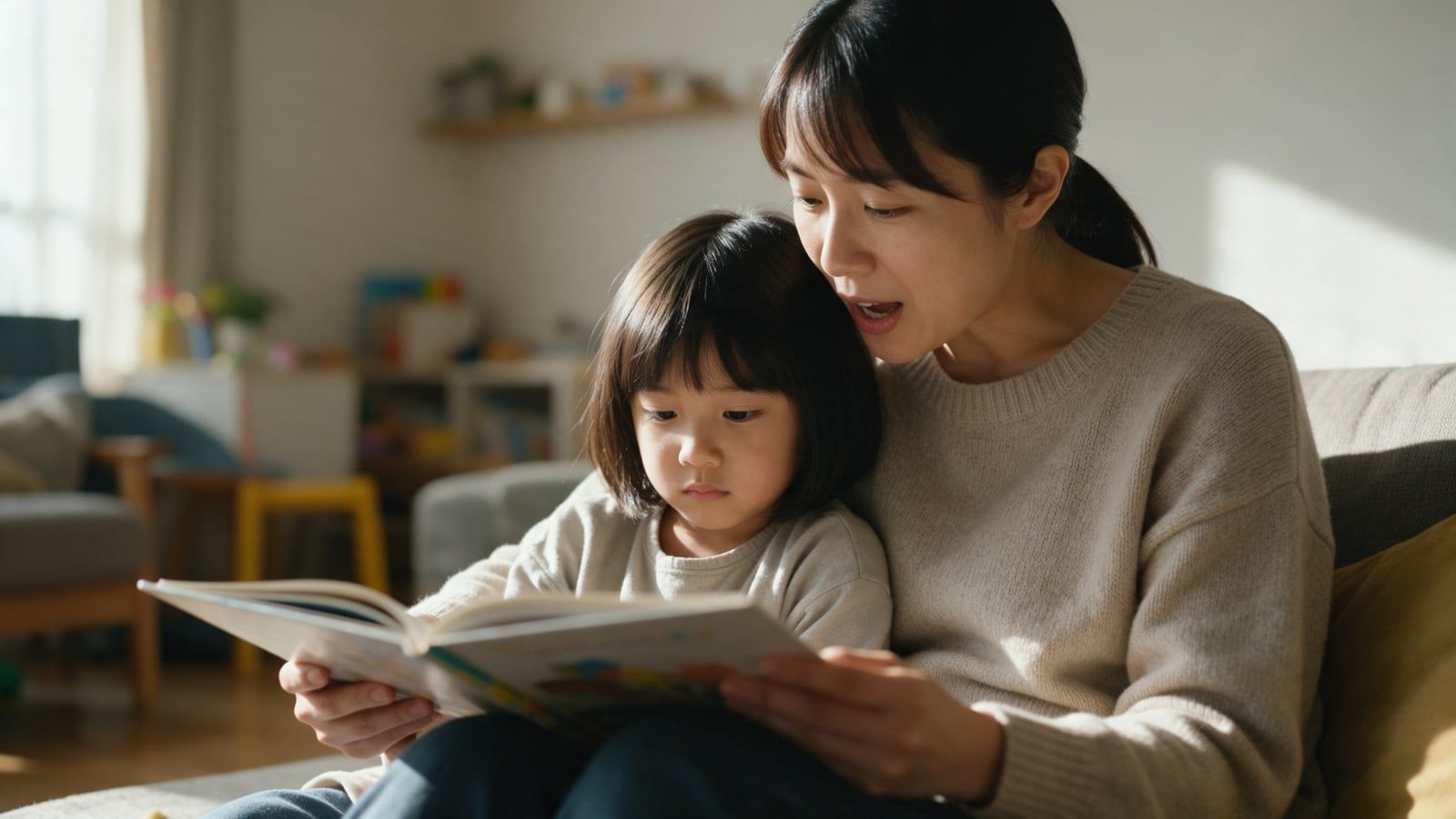 Mujer leyendo un cuento en voz alta con una niña de unos cinco años apoyada en ella, que escucha tranquila, fotografía natural