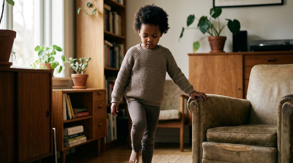Niña de unos cuatro años practicando sola el equilibrio apoyándose en el sofá del salón, sin nadie mirándola