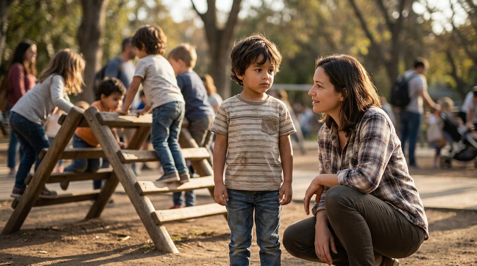Niño de unos cinco años observando desde un lado a otros niños jugando en el parque mientras un adulto lo acompaña agachado a su altura, sin empujarlo a participar