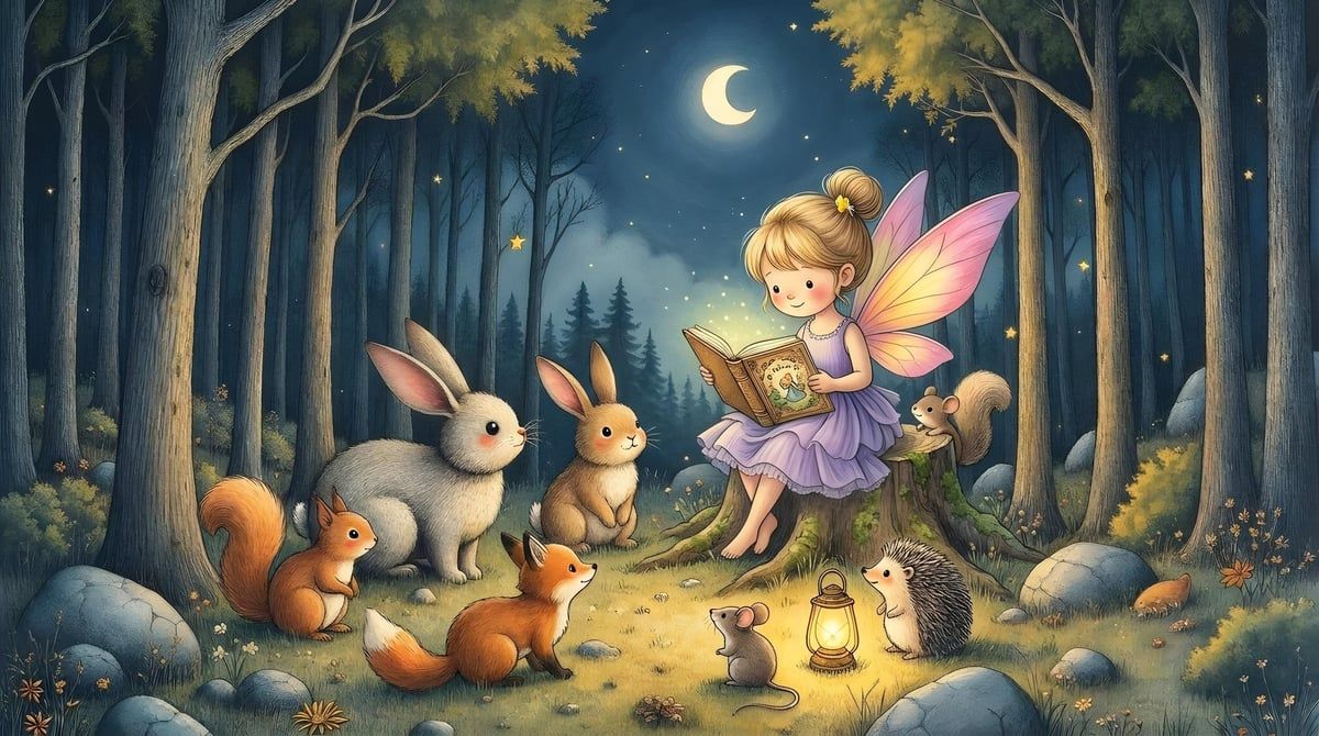 Watercolor illustration of The Star Fairy gathered with forest animals before sleep