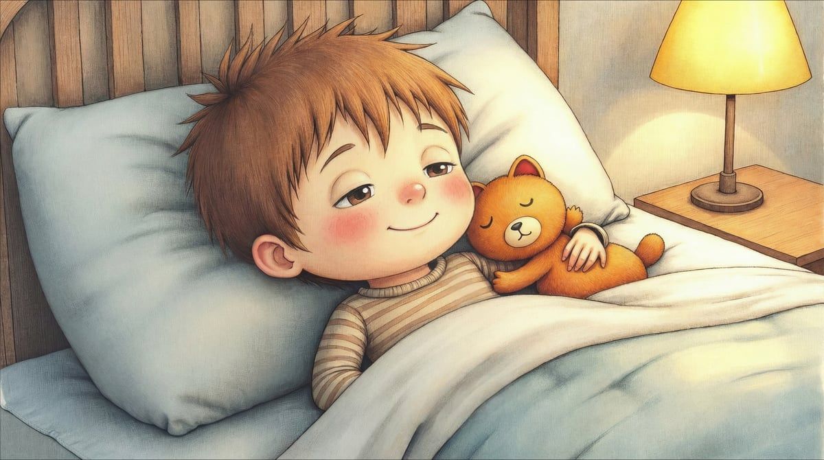 Niño en cama siendo calmado por un adulto durante una noche difícil, ilustración infantil acuarela