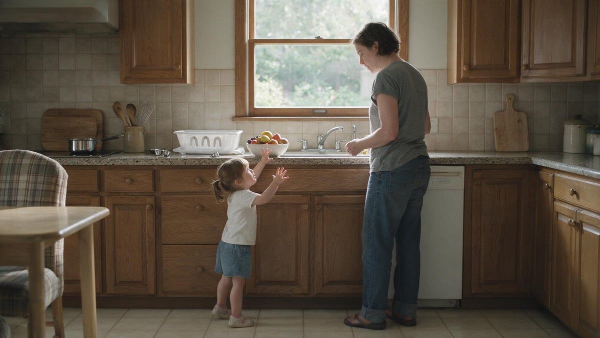 Niña de unos tres años estirando la mano hacia un cuenco de fruta mientras un adulto se detiene y espera a que ella pida