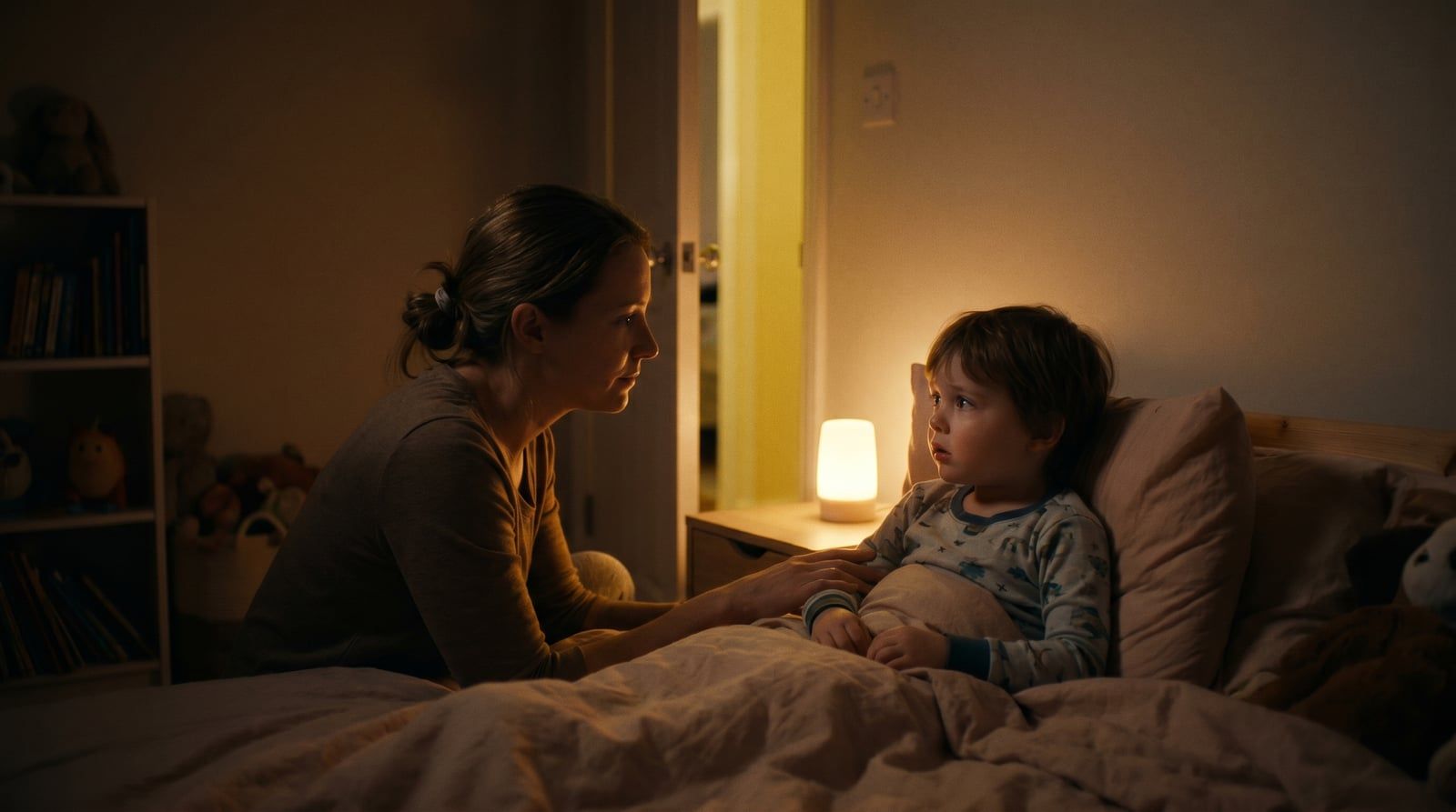 Madre acompañando con calma a su hijo pequeño asustado en la cama con una luz tenue de noche, momento real de miedo a la oscuridad