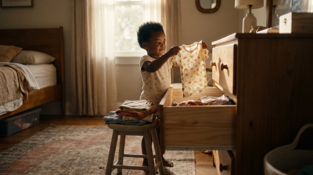 A small girl chooses a t-shirt from the drawer herself with a determined expression, the autonomy of the no phase