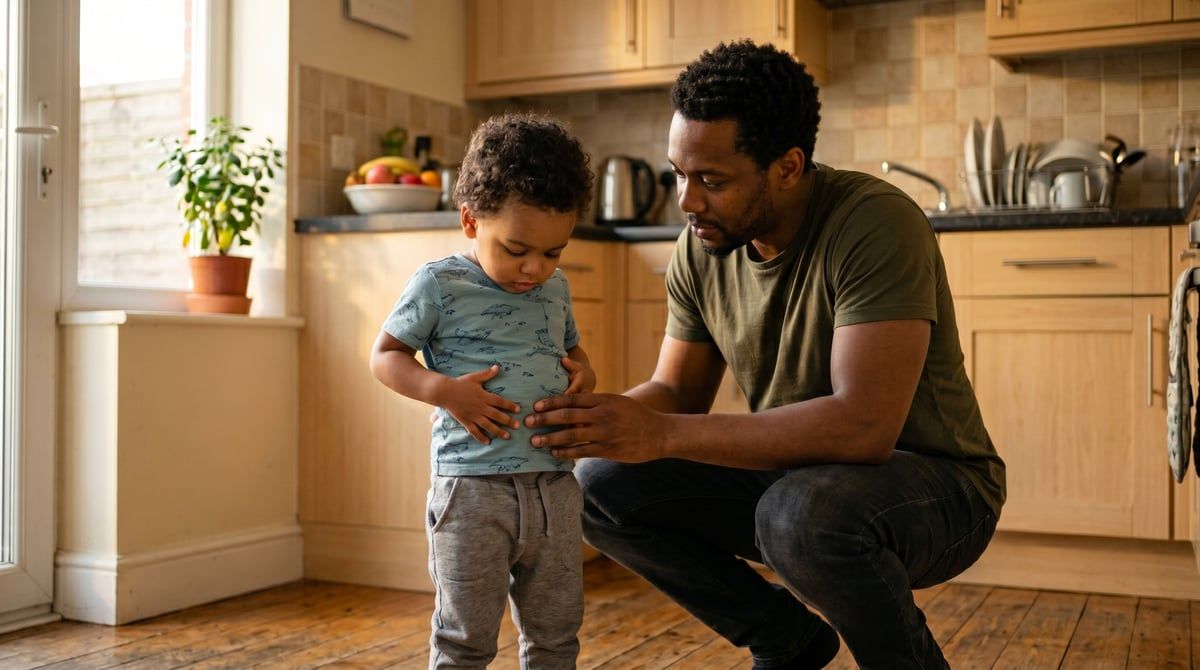 Батько присів поруч із маленьким сином на кухні, поки дитина прислухається до сигналів свого тіла