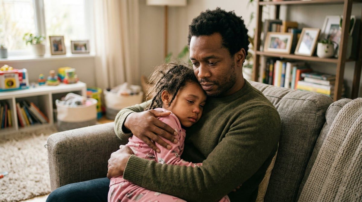 Padre abrazando a su hija pequeña después de una rabieta