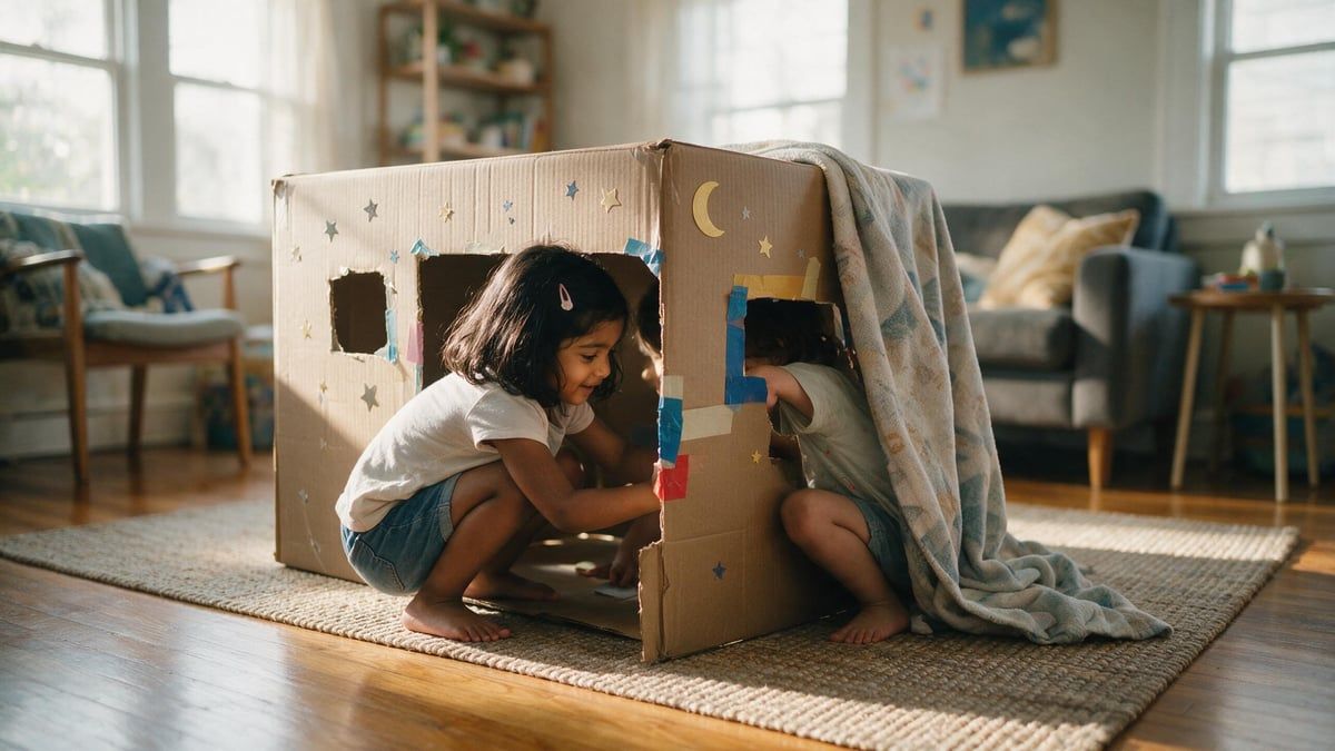 Two young children turning a big cardboard box into an imaginary spaceship together in the living room, an example of shared, screen-free independent play