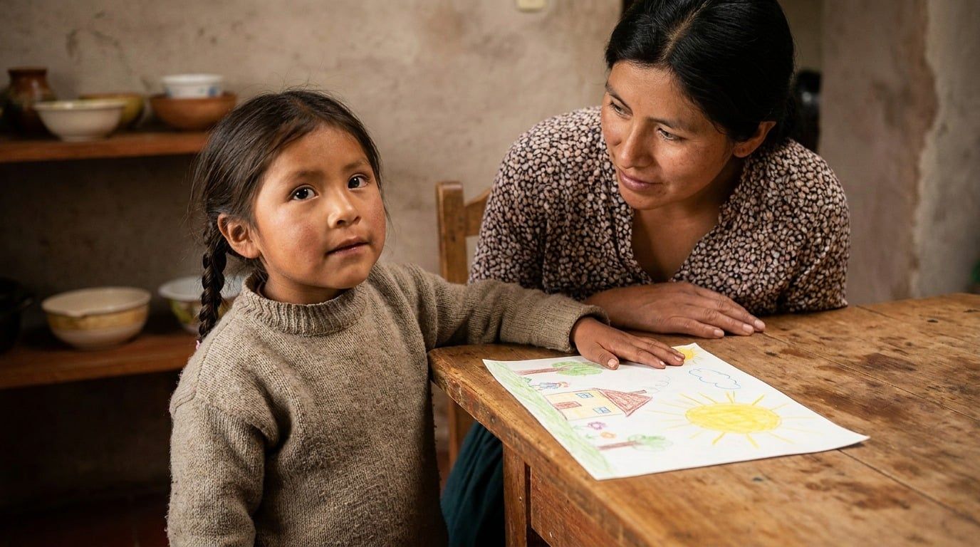 Niña de unos cinco años junto a la mesa donde descansa su dibujo de un sol y una casa, mientras una mujer lo mira con atención, fotografía natural