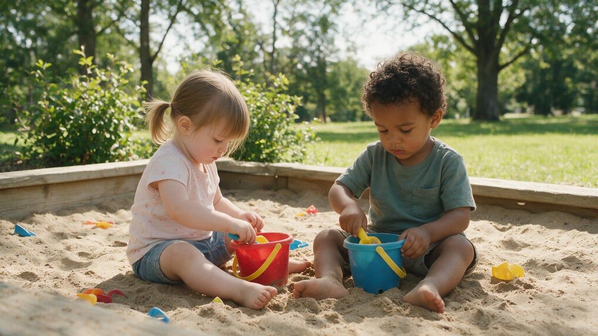 Dos niños de unos tres años jugando uno al lado del otro en un arenero, cada uno con su cubo y absortos en su propio juego